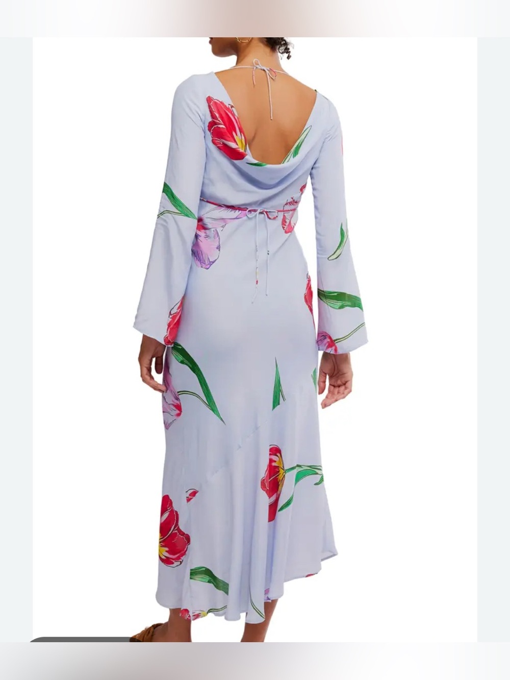 Free People Zadie Maxi Blue Floral Dress Ling Sleeve Drapery Open Back size M